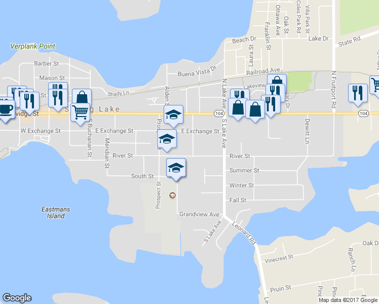 map of restaurants, bars, coffee shops, grocery stores, and more near 223 Williams Street in Spring Lake