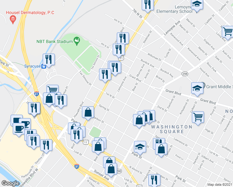 map of restaurants, bars, coffee shops, grocery stores, and more near 711 Lemoyne Avenue in Syracuse