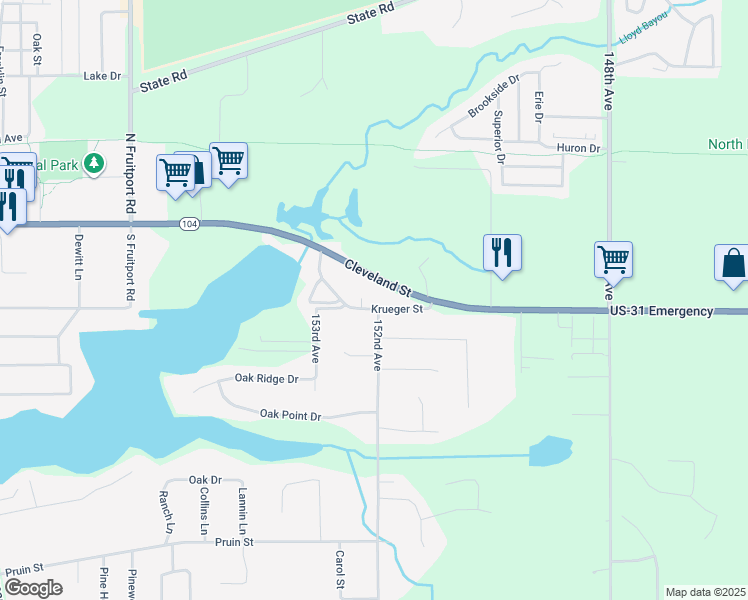 map of restaurants, bars, coffee shops, grocery stores, and more near 15205 Krueger Street in Spring Lake