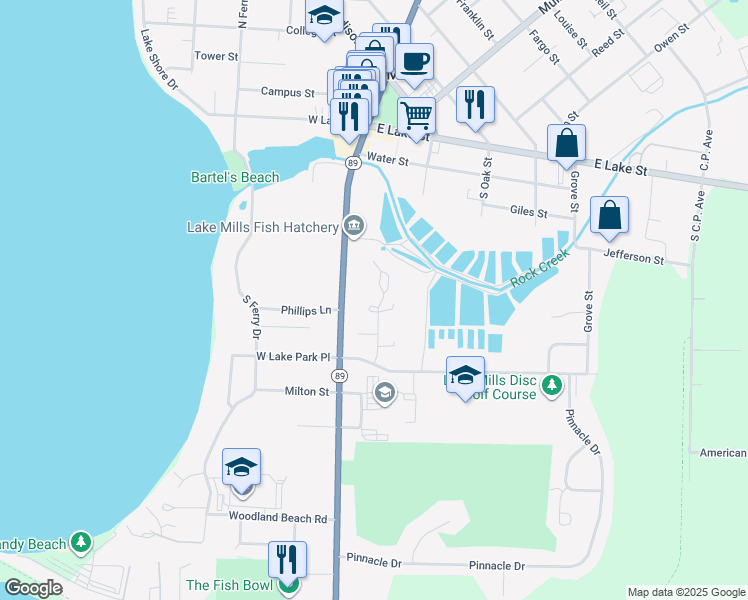 map of restaurants, bars, coffee shops, grocery stores, and more near 106 Bayfield Court in Lake Mills