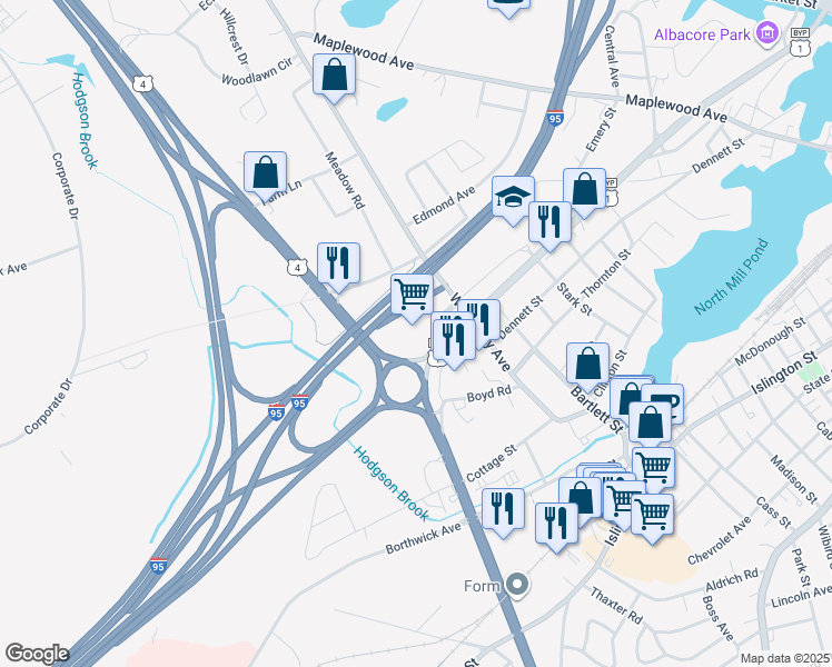 map of restaurants, bars, coffee shops, grocery stores, and more near 605 U.S. 1 Bypass in Portsmouth
