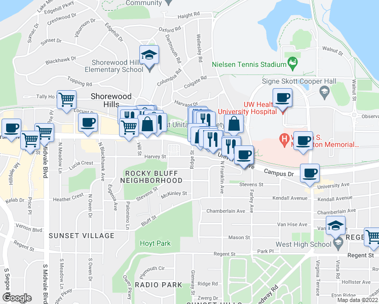 map of restaurants, bars, coffee shops, grocery stores, and more near 2902 Harvey Street in Madison