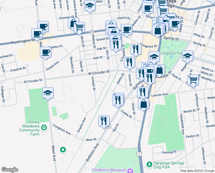 map of restaurants, bars, coffee shops, grocery stores, and more near 112 Elm Street in Saratoga Springs