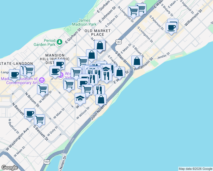 map of restaurants, bars, coffee shops, grocery stores, and more near 132 East Wilson Street in Madison