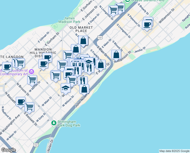 map of restaurants, bars, coffee shops, grocery stores, and more near 151 East Wilson Street in Madison