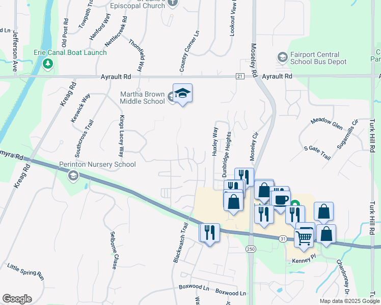 map of restaurants, bars, coffee shops, grocery stores, and more near 12 Arrowhead Way North in Fairport