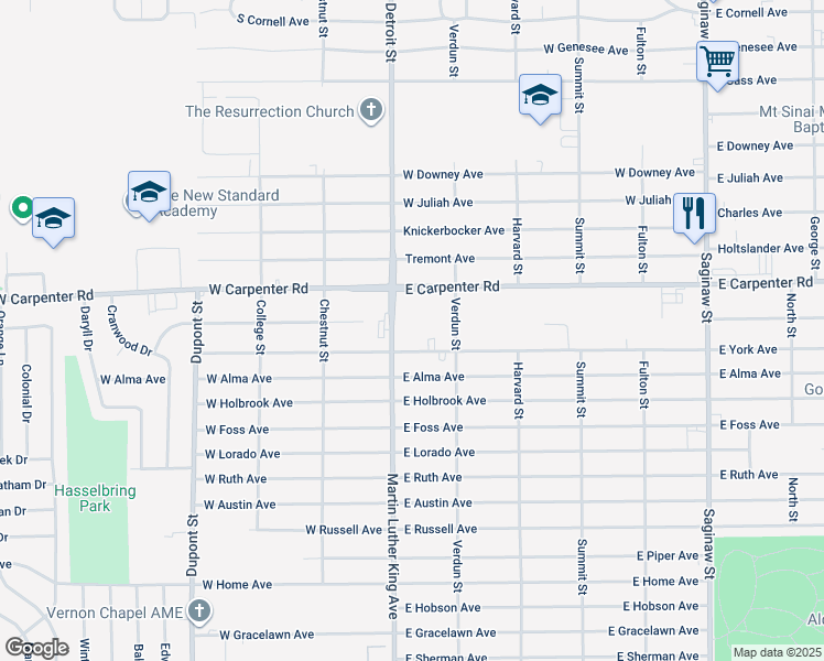map of restaurants, bars, coffee shops, grocery stores, and more near 121 East York Avenue in Flint