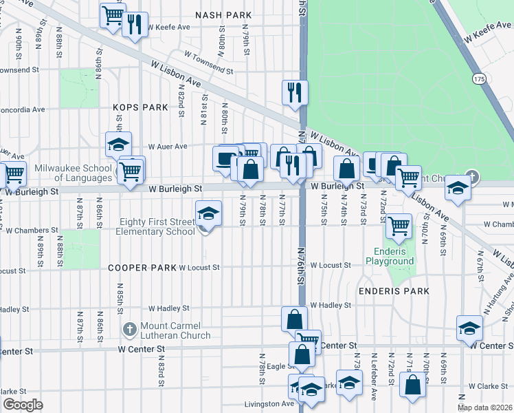 map of restaurants, bars, coffee shops, grocery stores, and more near 3024 North 78th Street in Milwaukee