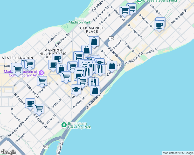 map of restaurants, bars, coffee shops, grocery stores, and more near 123 East Doty Street in Madison