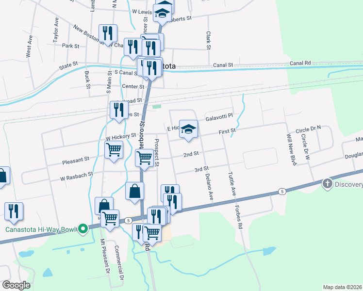 map of restaurants, bars, coffee shops, grocery stores, and more near 200 High Street in Canastota
