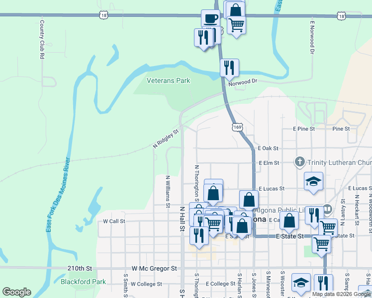 map of restaurants, bars, coffee shops, grocery stores, and more near 400-598 N Hall St in Algona