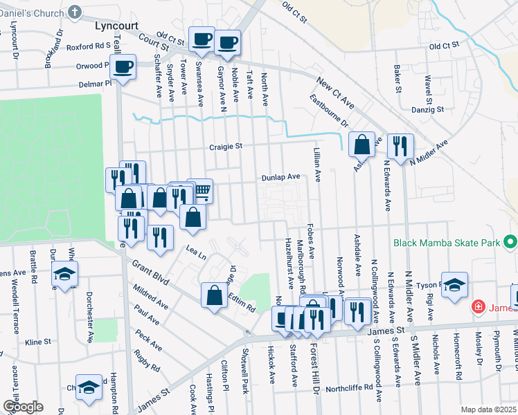 map of restaurants, bars, coffee shops, grocery stores, and more near 1206 Taft Avenue in Syracuse