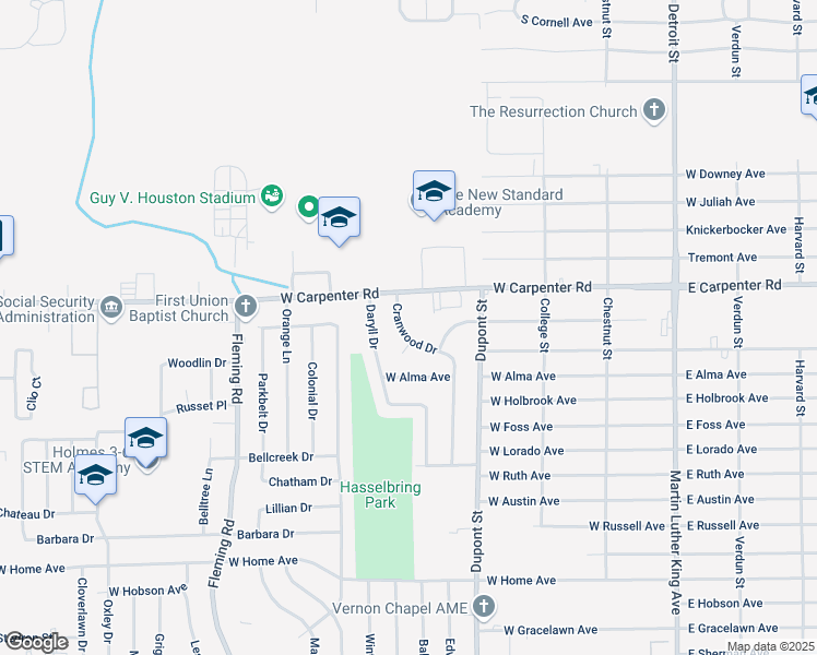 map of restaurants, bars, coffee shops, grocery stores, and more near 6924 Cranwood Drive in Flint