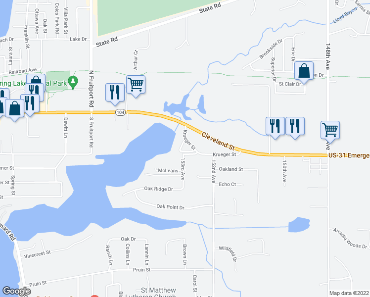 map of restaurants, bars, coffee shops, grocery stores, and more near 15330 Krueger Street in Spring Lake