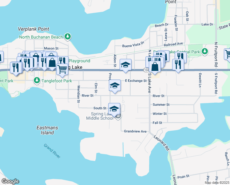 map of restaurants, bars, coffee shops, grocery stores, and more near 415 River Street in Spring Lake