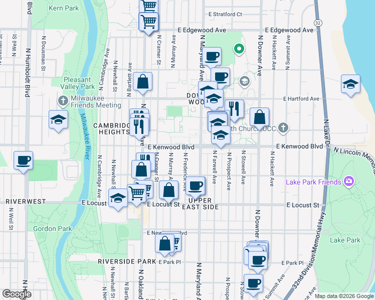 map of restaurants, bars, coffee shops, grocery stores, and more near 3051 North Maryland Avenue in Milwaukee