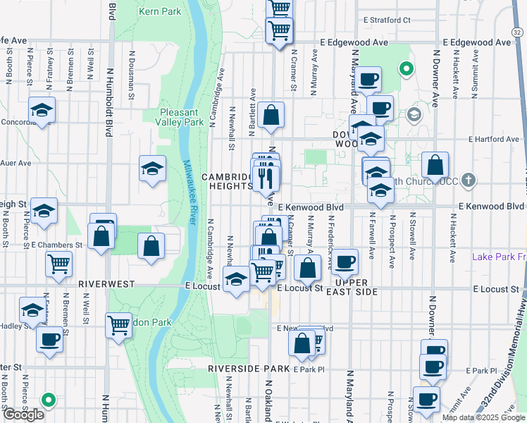 map of restaurants, bars, coffee shops, grocery stores, and more near in Milwaukee