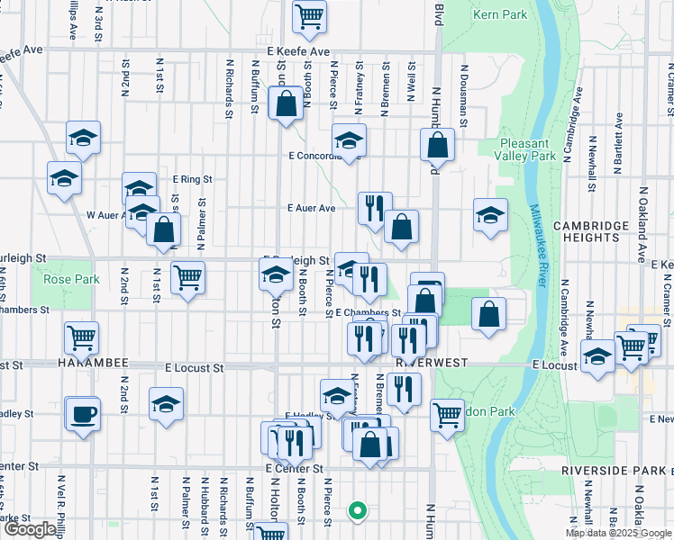 map of restaurants, bars, coffee shops, grocery stores, and more near 3049 North Pierce Street in Milwaukee
