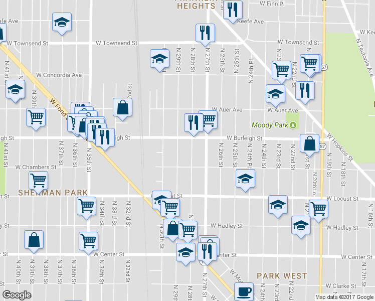 map of restaurants, bars, coffee shops, grocery stores, and more near 3026 North 29th Street in Milwaukee