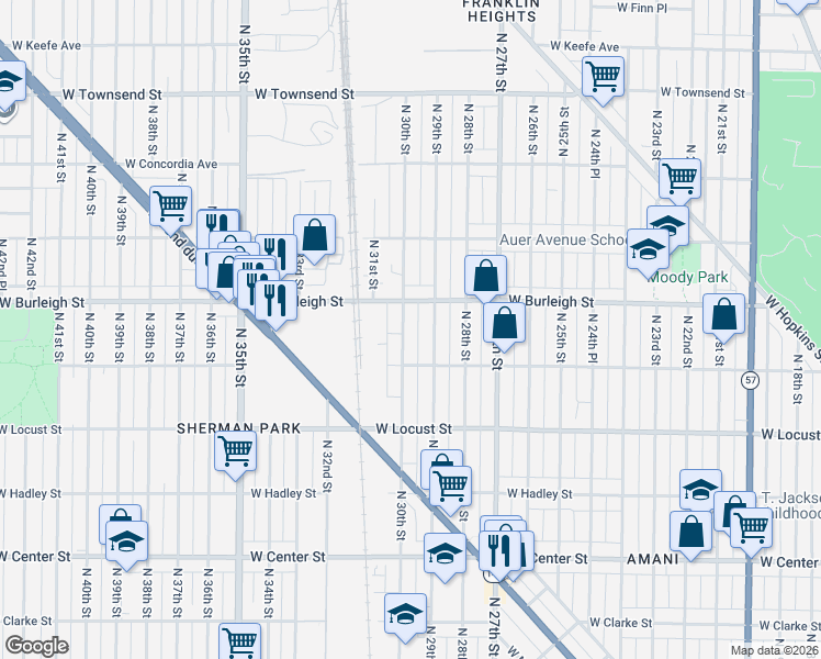 map of restaurants, bars, coffee shops, grocery stores, and more near 3024 North 30th Street in Milwaukee