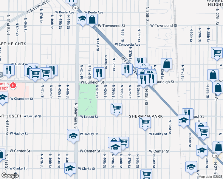 map of restaurants, bars, coffee shops, grocery stores, and more near 3024 North 40th Street in Milwaukee