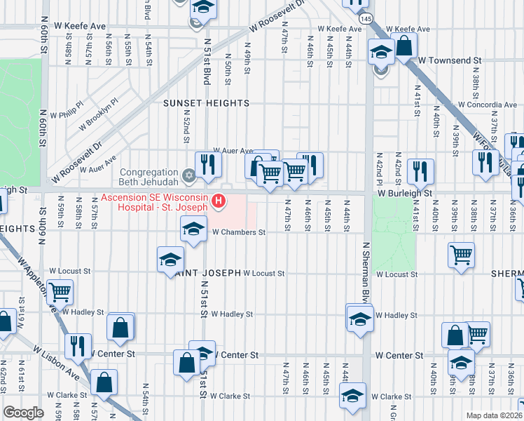 map of restaurants, bars, coffee shops, grocery stores, and more near 3024 North 48th Street in Milwaukee