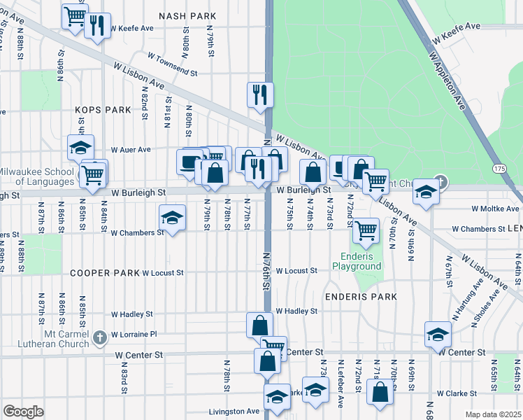 map of restaurants, bars, coffee shops, grocery stores, and more near 3021 Wisconsin 181 in Milwaukee