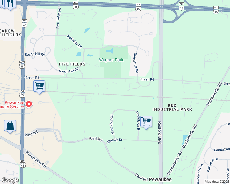 map of restaurants, bars, coffee shops, grocery stores, and more near W233N3022 Oakmont Court East in Pewaukee