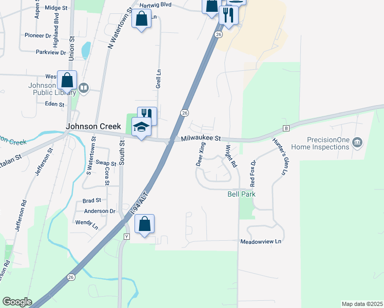 map of restaurants, bars, coffee shops, grocery stores, and more near 107 Deer Crossing in Johnson Creek