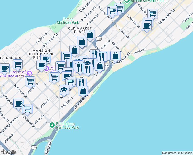 map of restaurants, bars, coffee shops, grocery stores, and more near 313 South Hancock Street in Madison