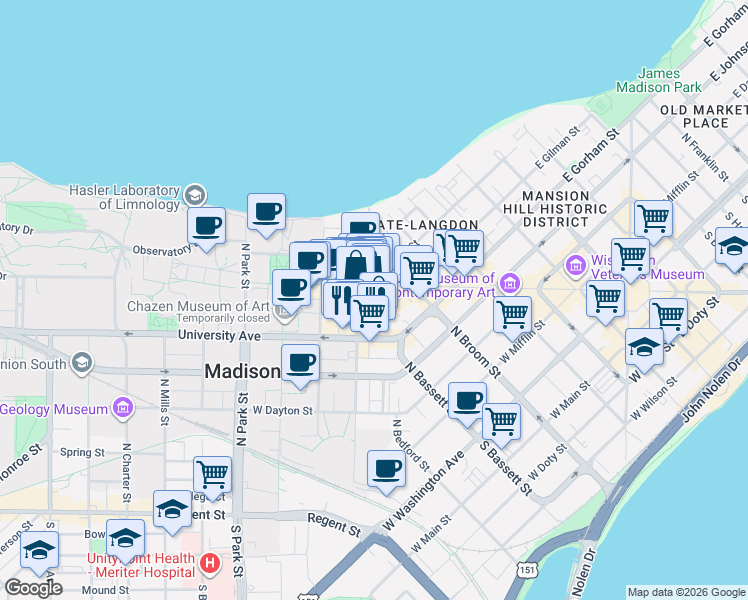map of restaurants, bars, coffee shops, grocery stores, and more near 425 North Frances Street in Madison