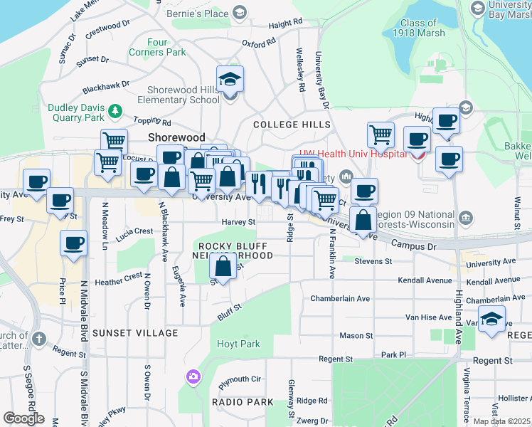 map of restaurants, bars, coffee shops, grocery stores, and more near 2939 Harvey Street in Madison