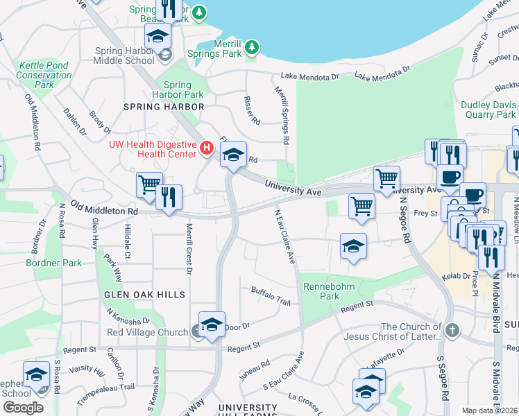 map of restaurants, bars, coffee shops, grocery stores, and more near 5019 Old Middleton Road in Madison