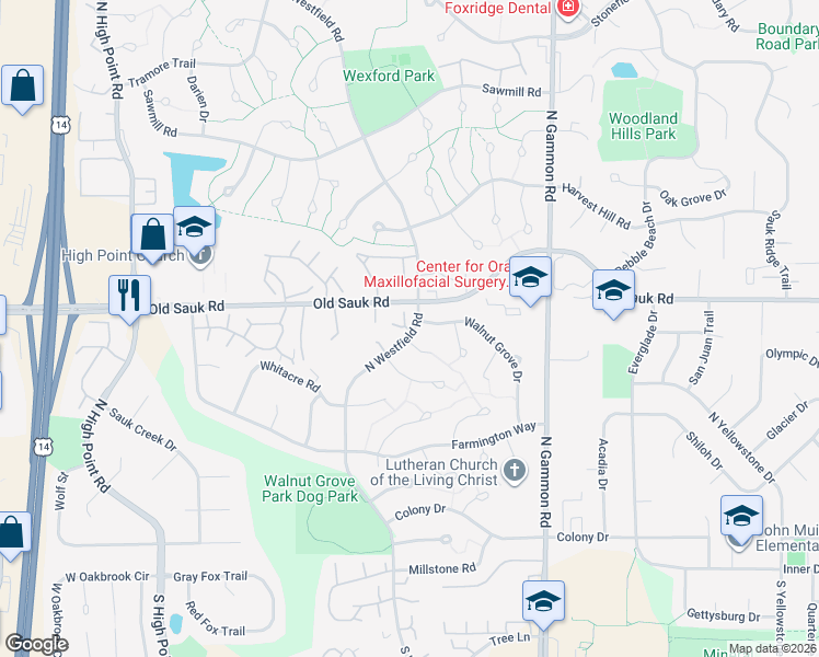 map of restaurants, bars, coffee shops, grocery stores, and more near 1 Rye Circle in Madison