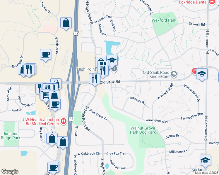 map of restaurants, bars, coffee shops, grocery stores, and more near 7645 Farmington Way in Madison