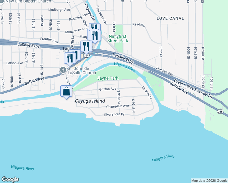 map of restaurants, bars, coffee shops, grocery stores, and more near 8946 Hennepin Avenue in Niagara Falls