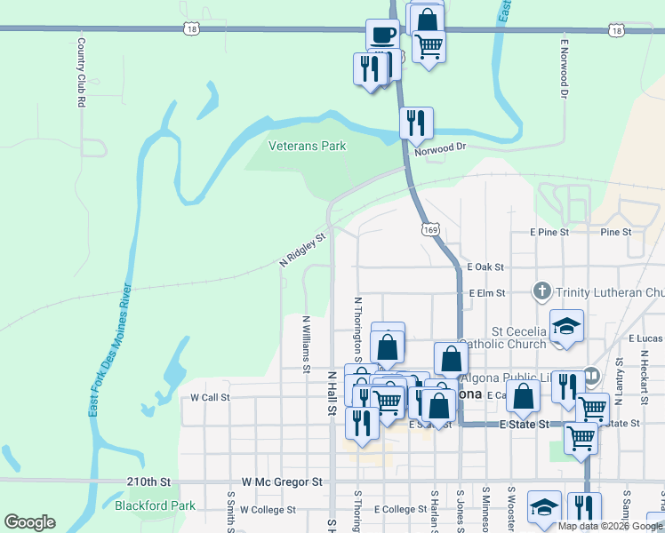 map of restaurants, bars, coffee shops, grocery stores, and more near 598 N Hall St in Algona
