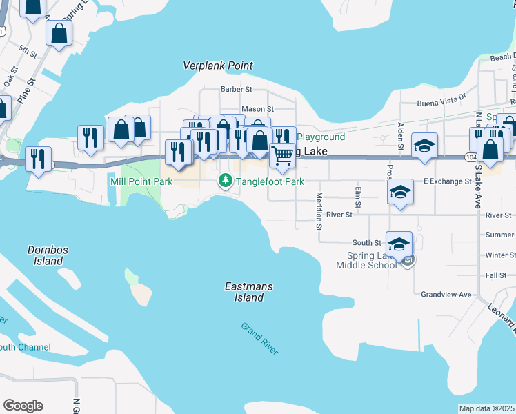 map of restaurants, bars, coffee shops, grocery stores, and more near 221 Riverfront Street in Spring Lake