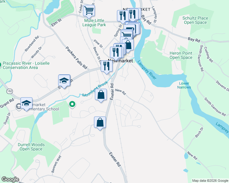 map of restaurants, bars, coffee shops, grocery stores, and more near 51 Exeter Road in Newmarket