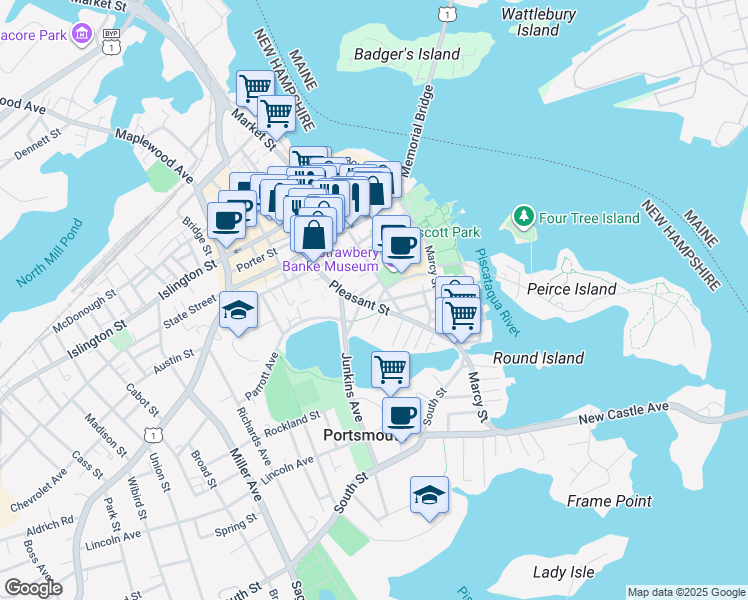 map of restaurants, bars, coffee shops, grocery stores, and more near 3 Edward Street in Portsmouth