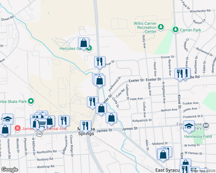map of restaurants, bars, coffee shops, grocery stores, and more near 7 Parkwood Drive in East Syracuse