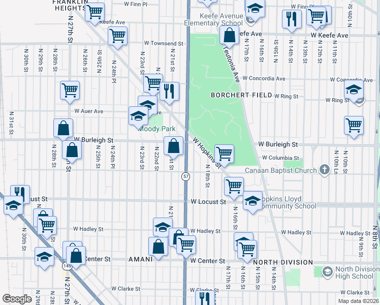 map of restaurants, bars, coffee shops, grocery stores, and more near 3039A North 20th Street in Milwaukee