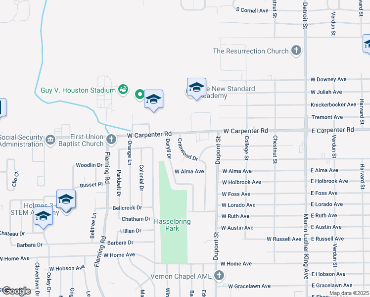 map of restaurants, bars, coffee shops, grocery stores, and more near 6924 Cranwood Drive in Flint