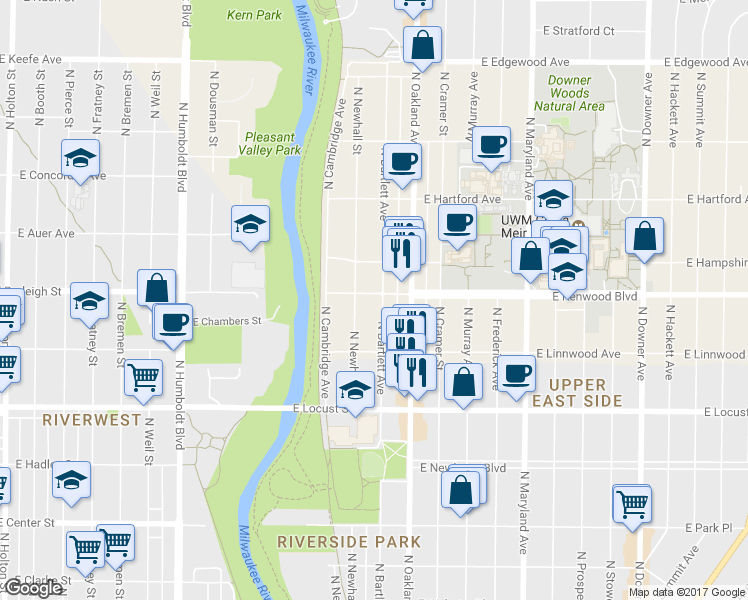 map of restaurants, bars, coffee shops, grocery stores, and more near 3075 North Bartlett Avenue in Milwaukee