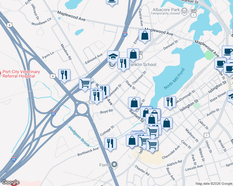 map of restaurants, bars, coffee shops, grocery stores, and more near 358 Bartlett Street in Portsmouth