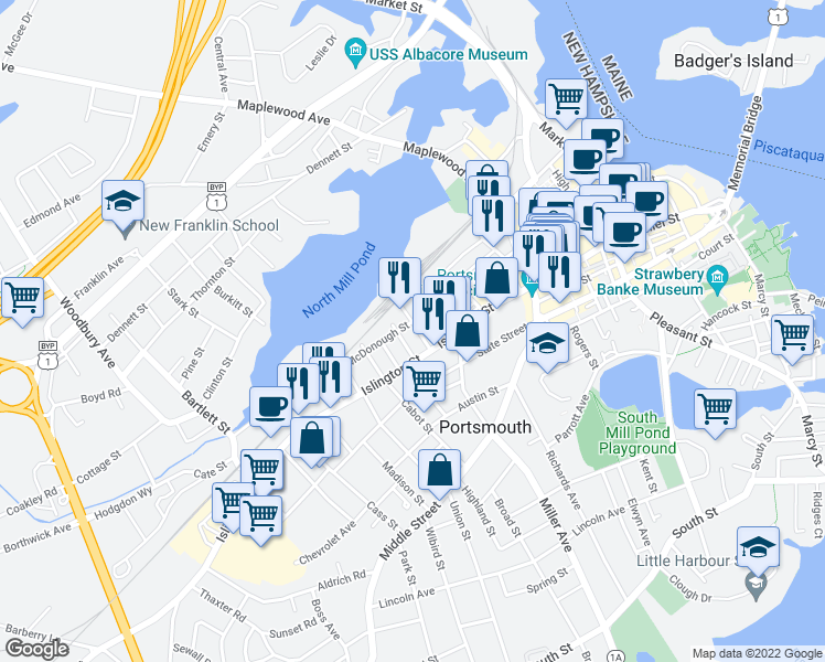 map of restaurants, bars, coffee shops, grocery stores, and more near 48 Langdon Street in Portsmouth