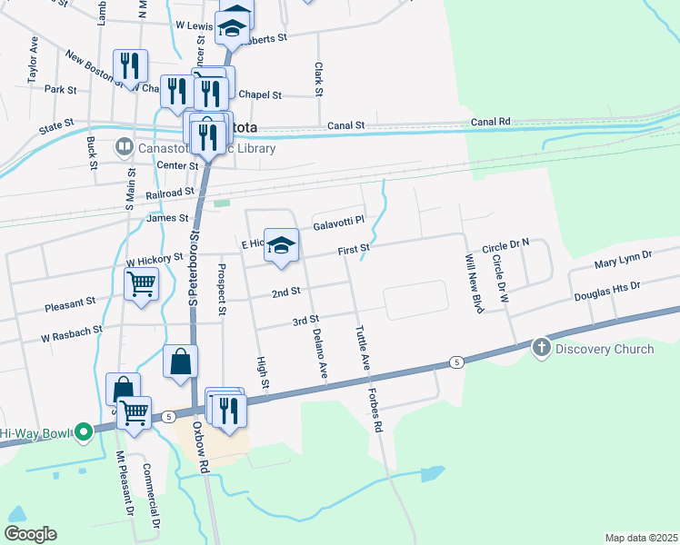 map of restaurants, bars, coffee shops, grocery stores, and more near 309 2nd Street in Canastota