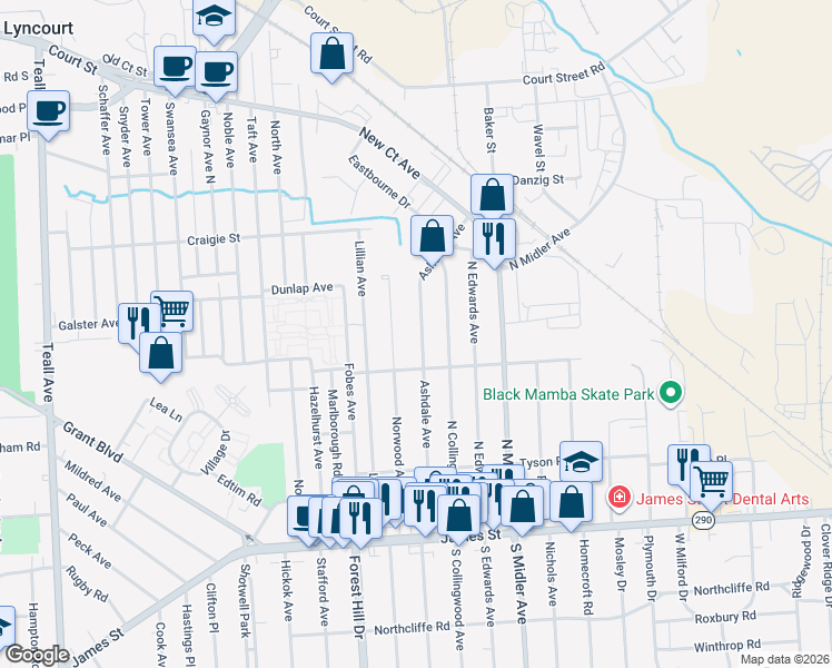 map of restaurants, bars, coffee shops, grocery stores, and more near 333 Ashdale Avenue in Syracuse