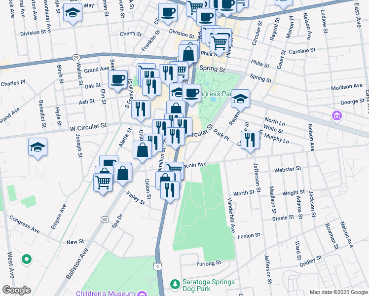 map of restaurants, bars, coffee shops, grocery stores, and more near 11 Whitney Place in Saratoga Springs