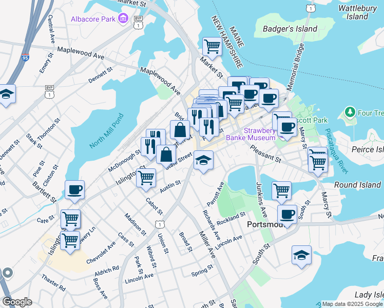 map of restaurants, bars, coffee shops, grocery stores, and more near 134 Middle Street in Portsmouth